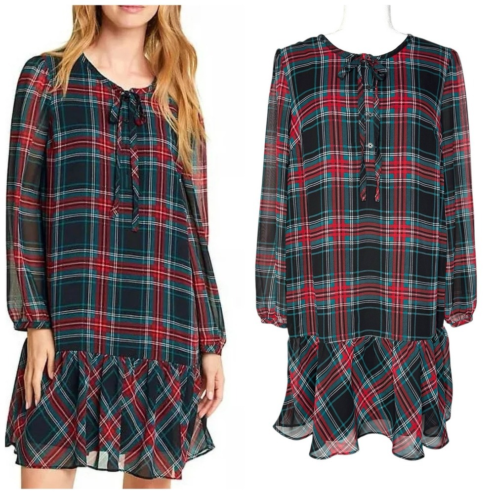 Draper James Dress M Drop Waist Sheer Sleeve Plaid Academia Preppy Schoolgirl